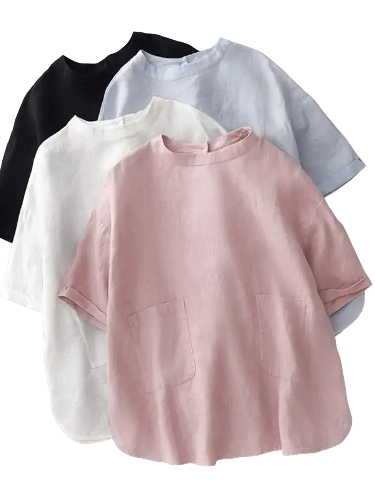 A soft pink cotton linen short sleeve top with a loose fit linen material and two front pockets