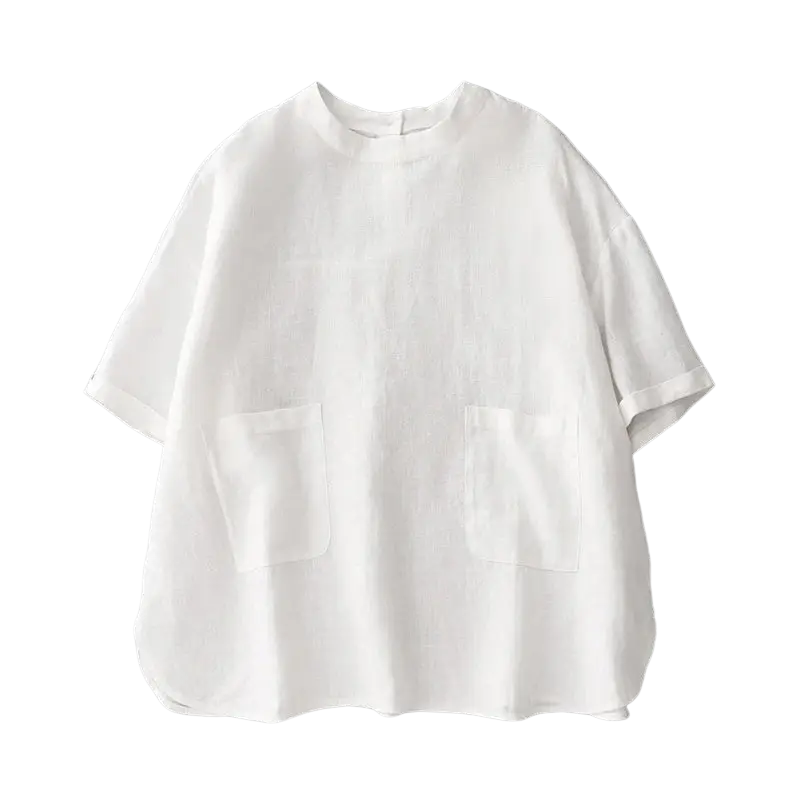 White cotton linen short sleeve top with loose fit and two front pockets in breathable linen material