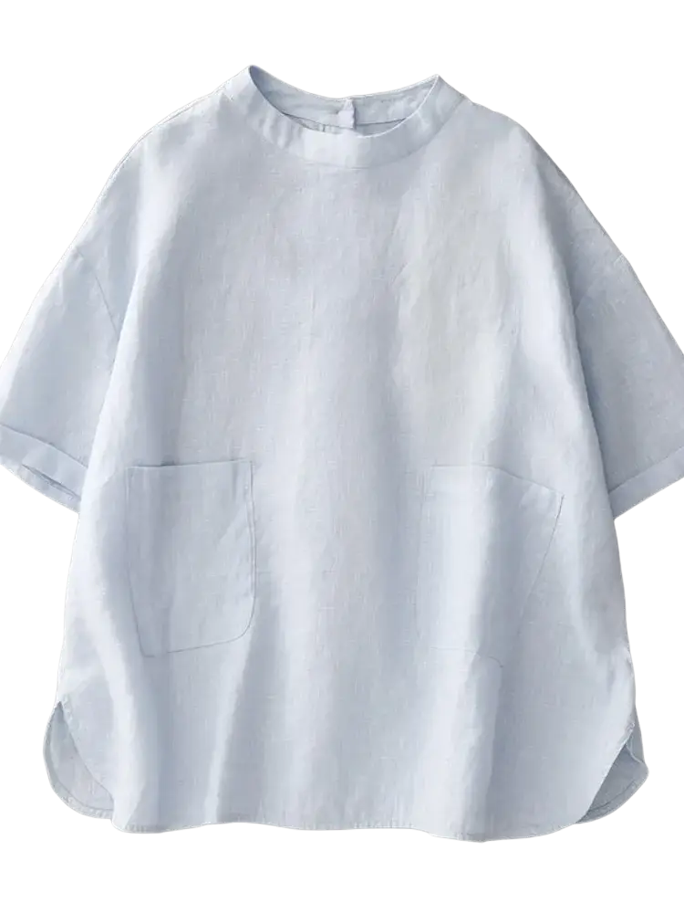 White loose fit cotton linen top for women with short sleeves and two front pockets in breathable linen material