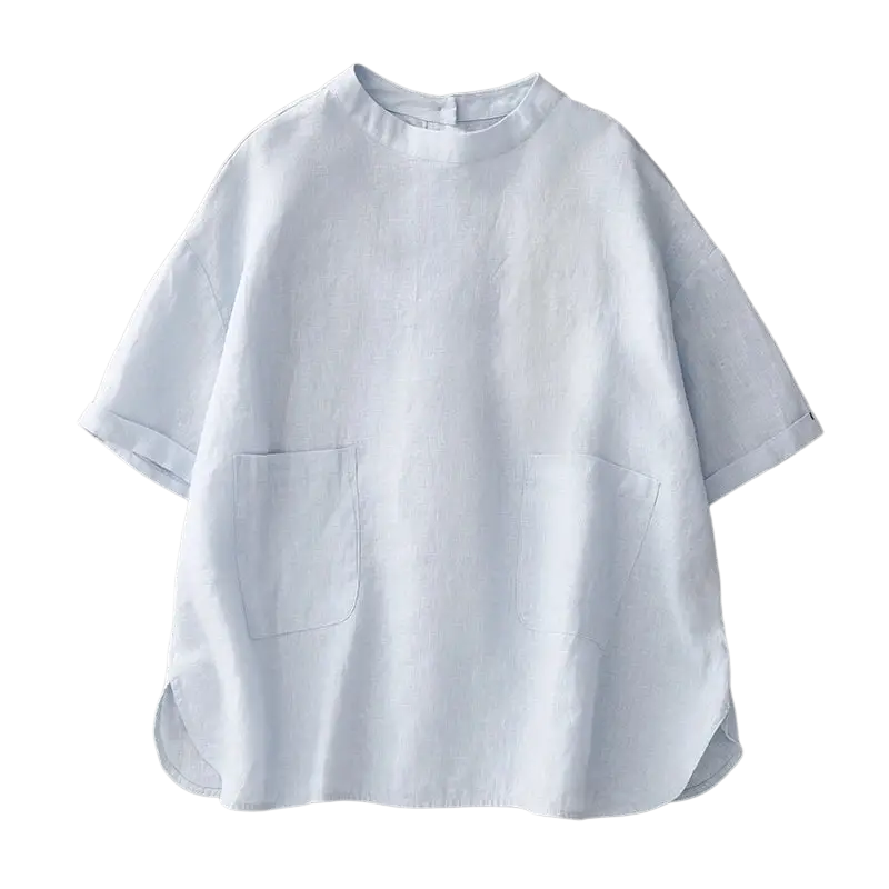 White cotton linen loose fit short sleeve top with two front pockets in breathable linen material