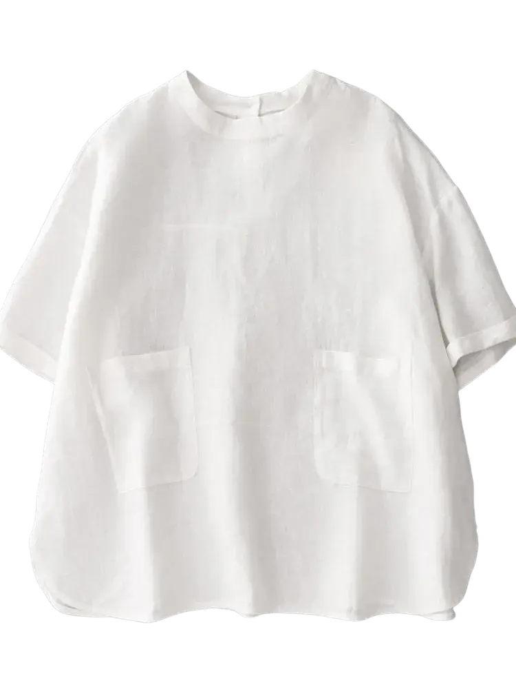 White loose fit cotton linen short sleeve top with round neckline and two front pockets in linen material