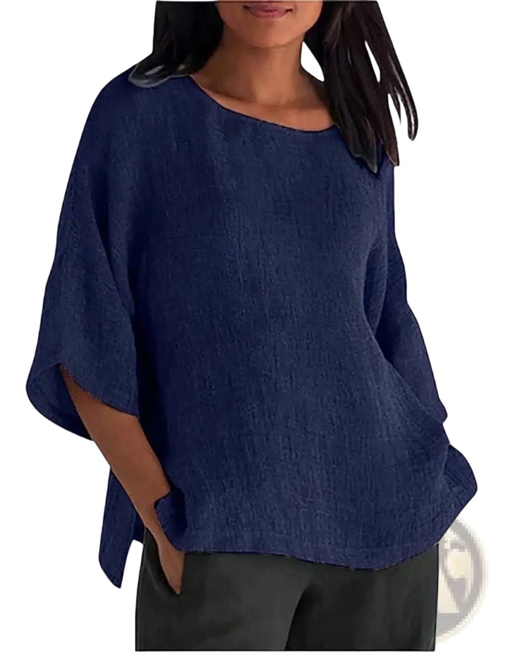 A navy blue cotton linen blouse with three quarter loose sleeves and textured fabric for comfortable wear