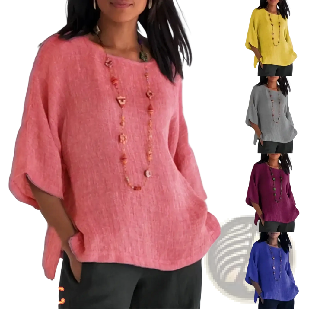 Soft pink cotton linen three quarter sleeve blouse with textured knit fabric and loose fitting wide sleeves