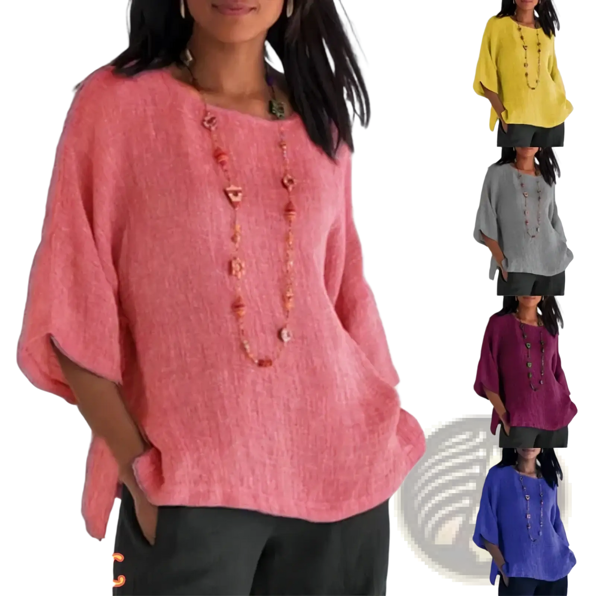 Soft pink cotton linen three quarter sleeve blouse with textured knit fabric and loose fitting wide sleeves