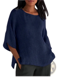 Navy blue cotton linen loose-fitting blouse with three quarter wide flowing sleeves and relaxed fit design
