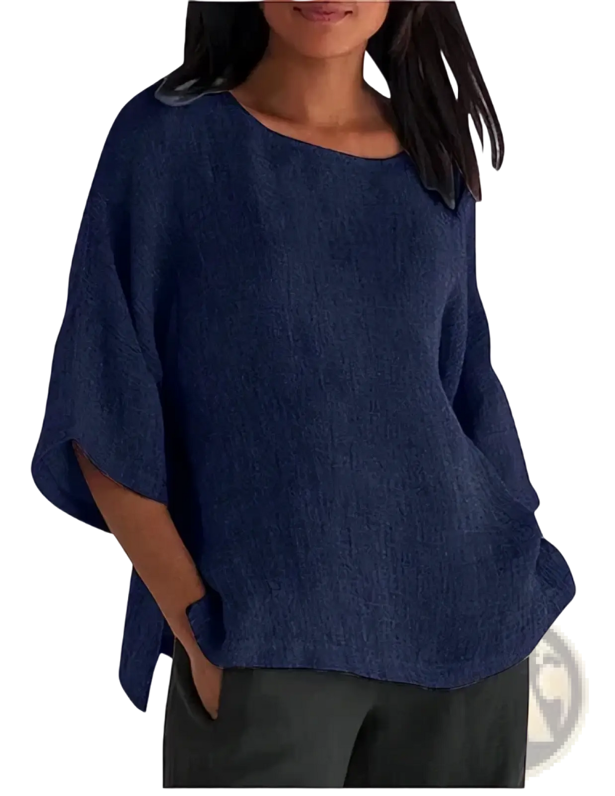 Navy blue cotton linen loose-fitting blouse with three quarter wide flowing sleeves and relaxed fit design