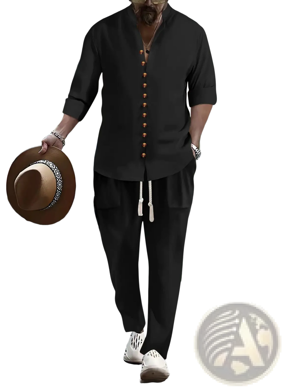 Black linen button-up shirt with gold-toned buttons and mandarin collar from cotton linen two piece casual outfit