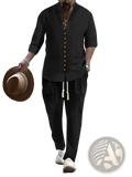 Black linen button-up shirt with gold-toned buttons and mandarin collar from cotton linen two piece casual outfit