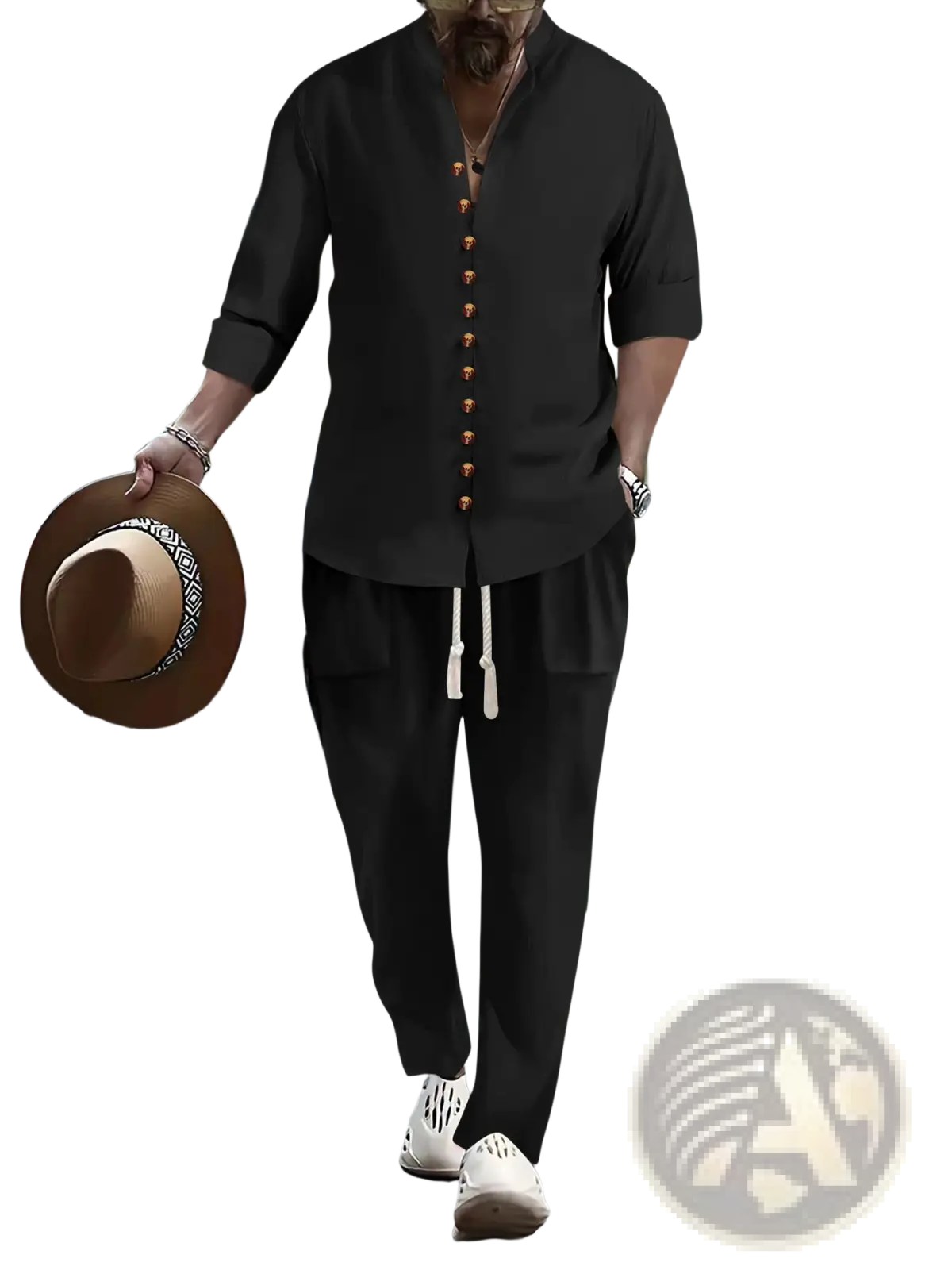 Black linen button-up shirt with gold-toned buttons and mandarin collar from cotton linen two piece casual outfit