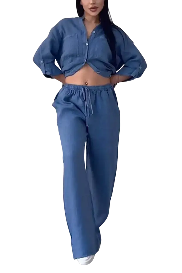 Blue cotton linen two piece sets with cropped button-up shirt and wide leg drawstring pants with rolled sleeves