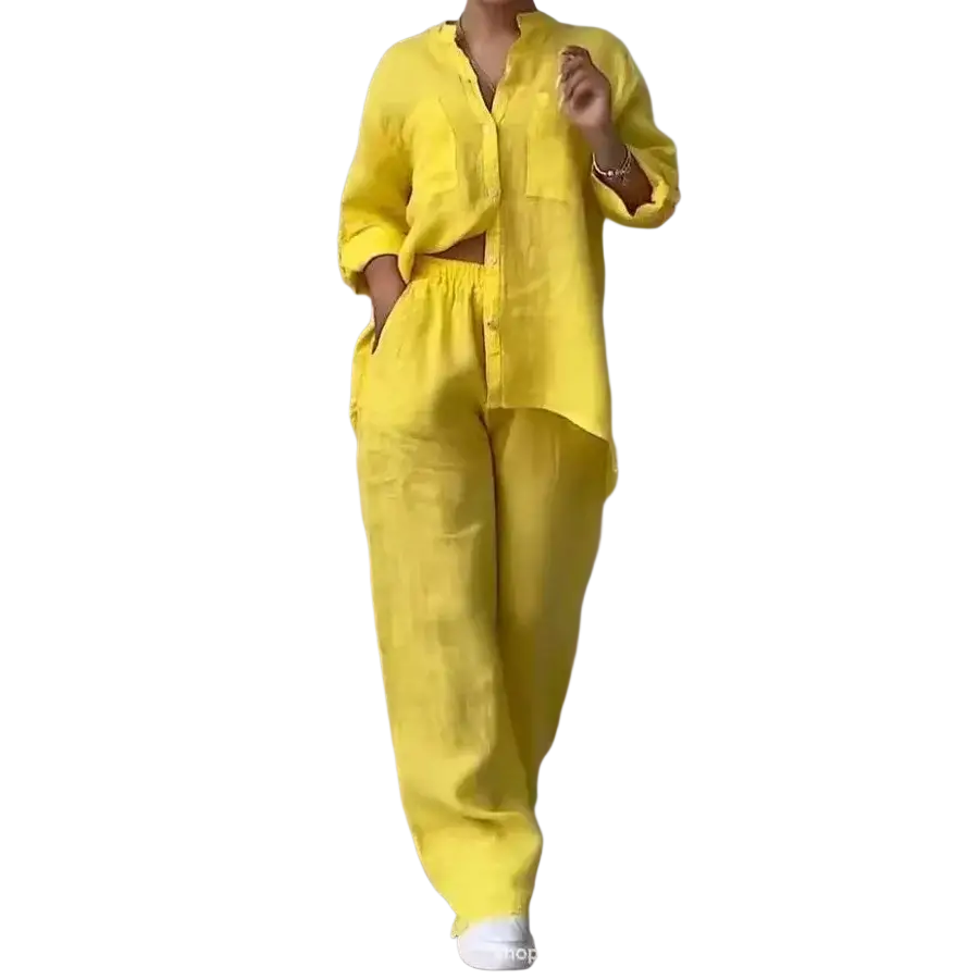 Bright yellow cotton linen two piece sets with button-up shirt and wide leg loose fitting pants
