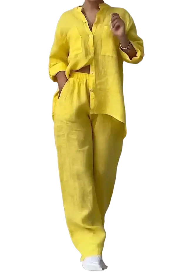 Bright yellow cotton linen two piece sets featuring a button-up shirt with rolled sleeves and wide leg pants