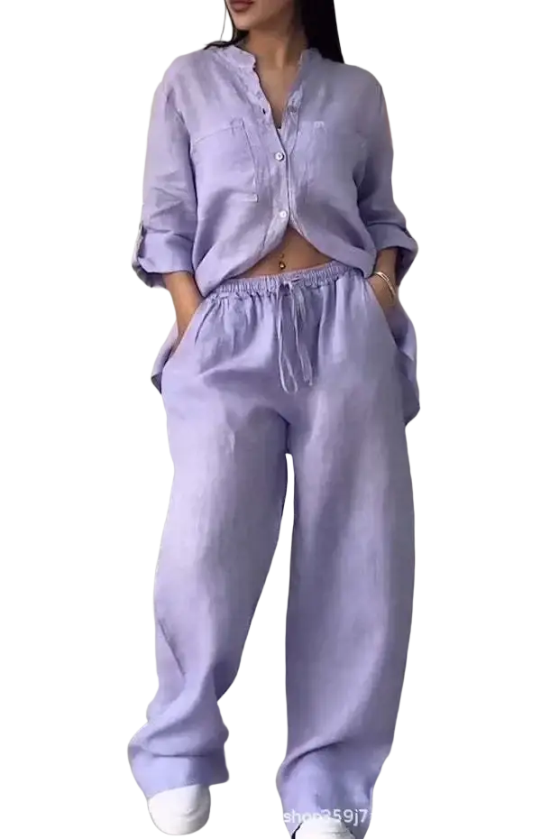 Lavender cotton linen two piece sets with wide leg elastic waist pants and button front top for comfortable wear