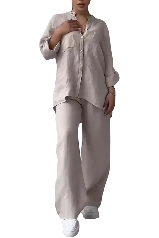 A loose-fitting light beige cotton linen button-up shirt with rolled sleeves from two piece sets wide leg collection