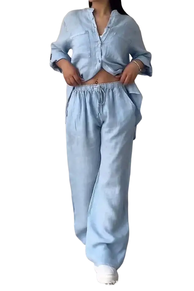 Light blue cotton linen two piece sets with button-up shirt and wide leg drawstring pants for comfortable wear
