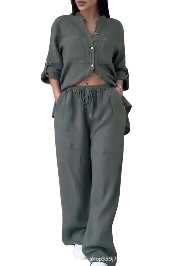 Olive green cotton linen two piece set with button-front shirt and wide leg drawstring pants for comfortable wear
