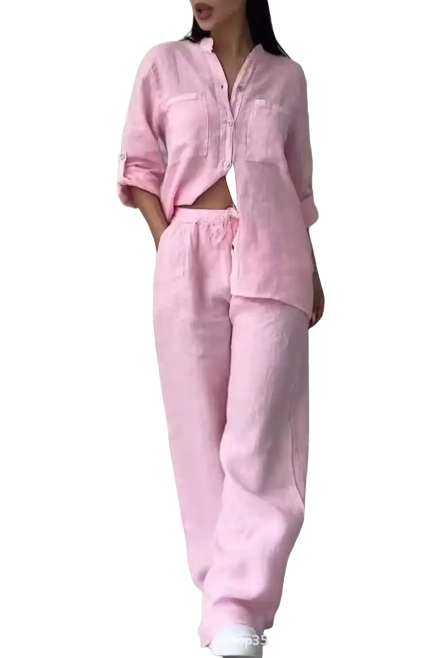 Pink cotton linen two piece sets with button-front shirt and wide leg drawstring pants for comfortable wear