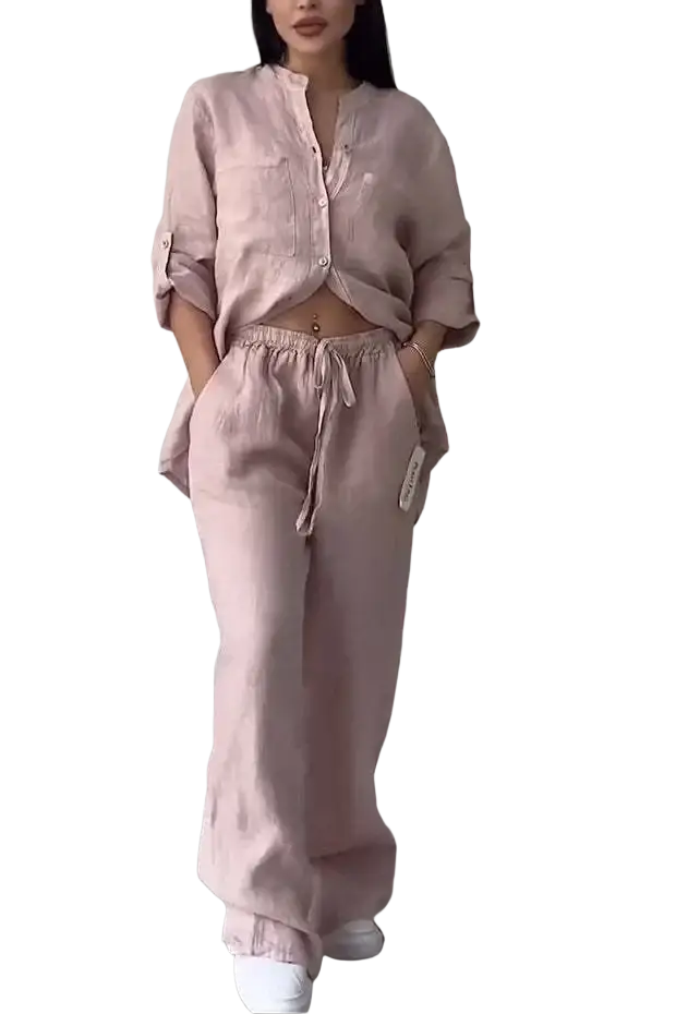 Soft blush cotton linen two piece sets with button-up shirt rolled sleeves and wide leg drawstring pants
