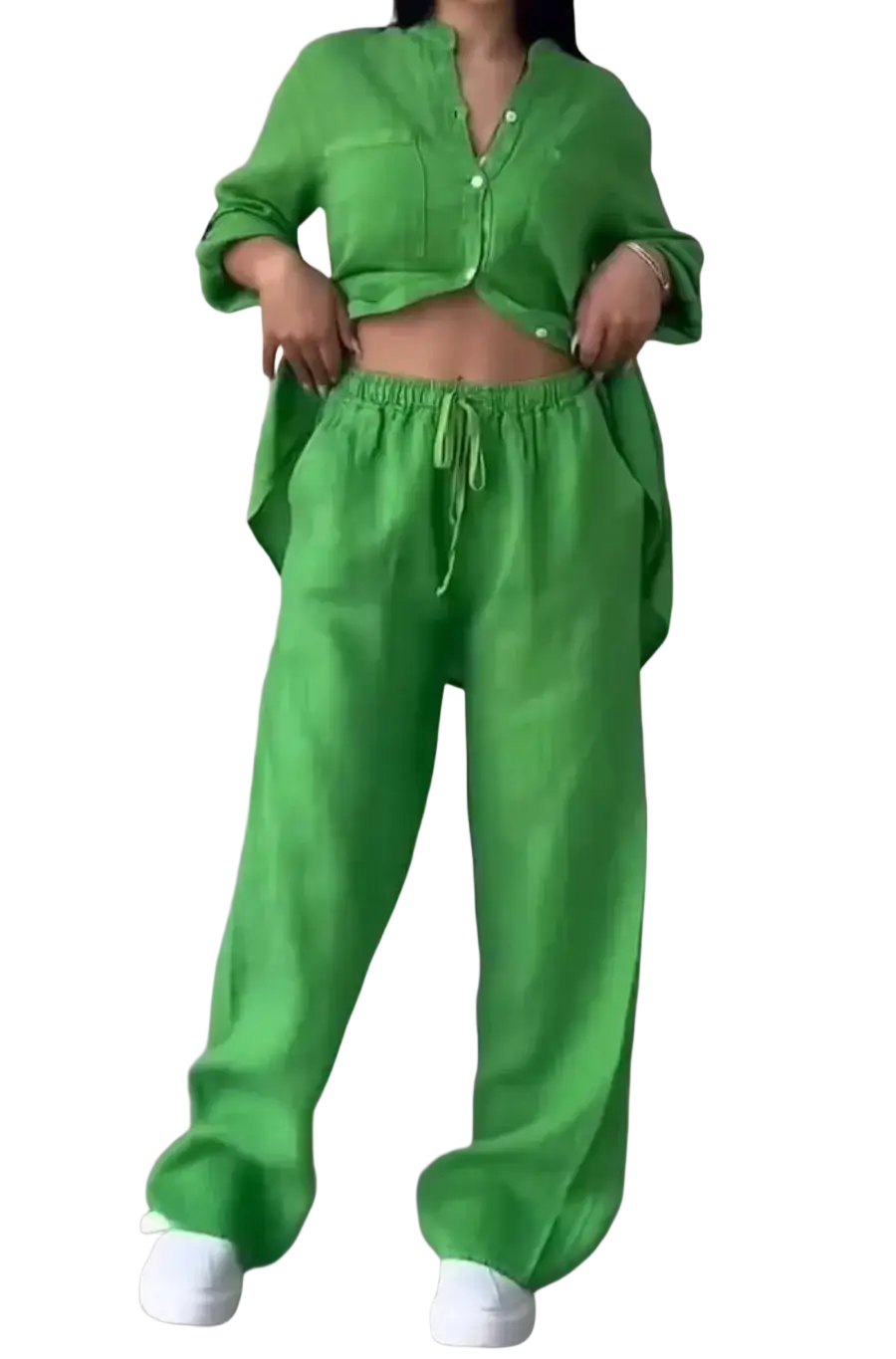 Vibrant green cotton linen two piece sets featuring a button-front cropped shirt and wide leg drawstring pants