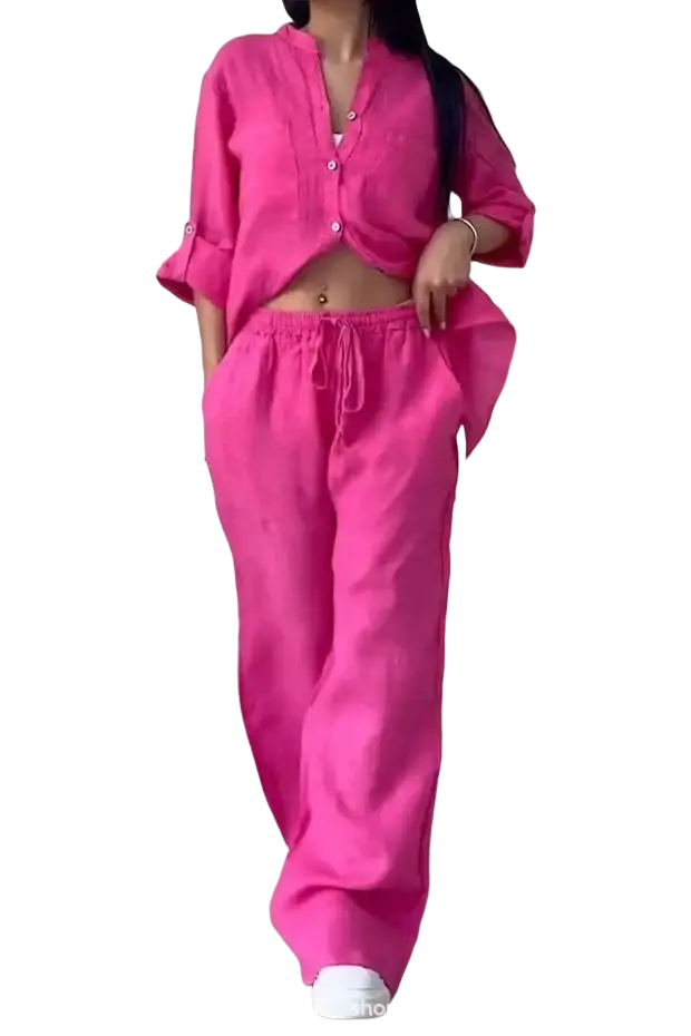 Vibrant pink cotton linen two piece sets with button front top and wide leg drawstring pants for casual wear