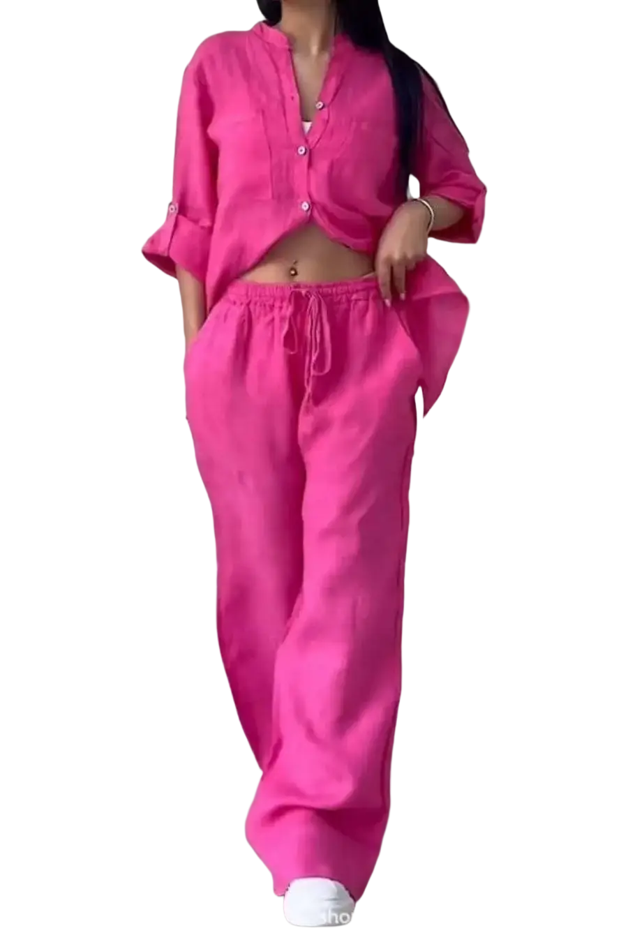 Vibrant pink cotton linen two piece sets with button-front top and wide leg drawstring pants