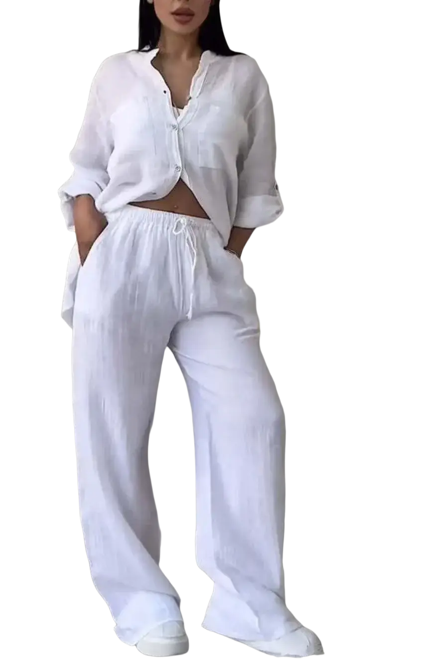 White linen cotton linen button-up shirt with rolled sleeves and cropped fit from two piece sets wide leg collection