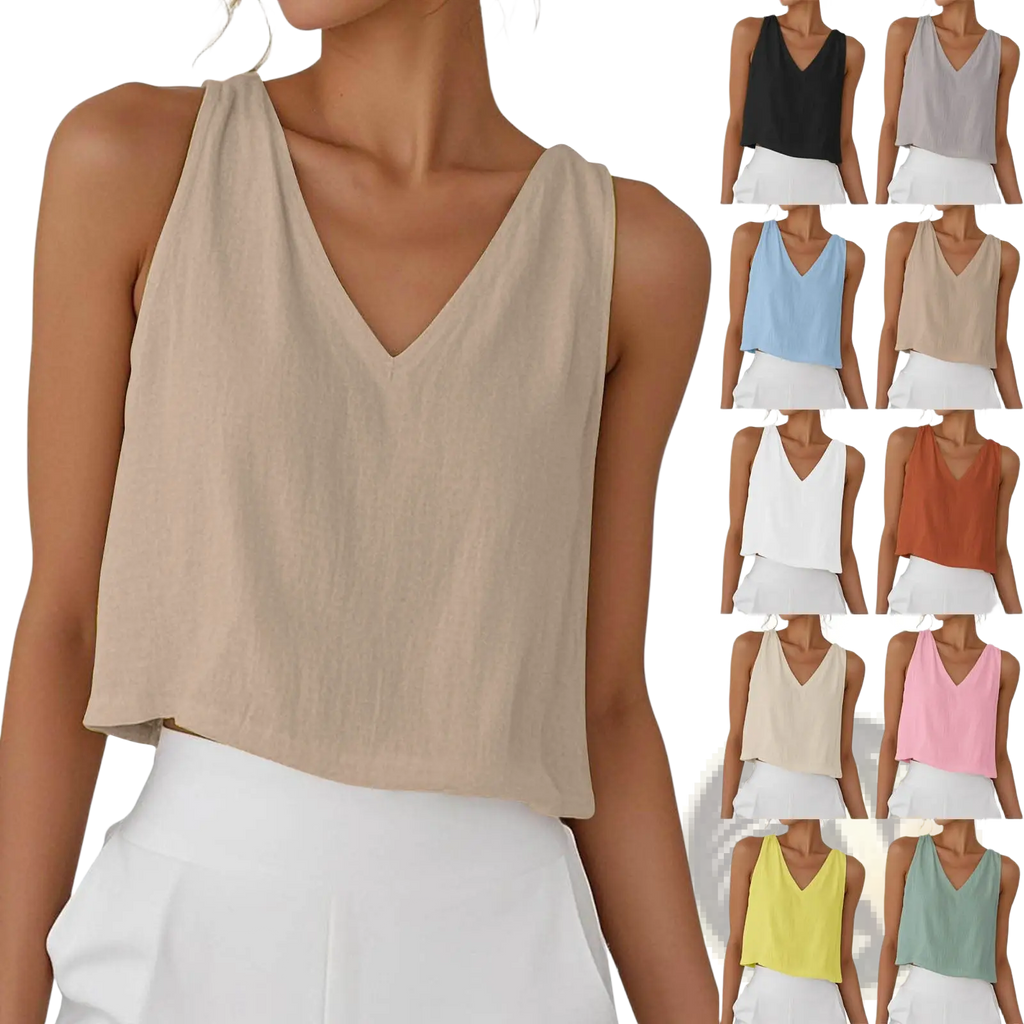 Beige v-neck sleeveless crop top made of lightweight cotton linen fabric ideal for casual summer wear