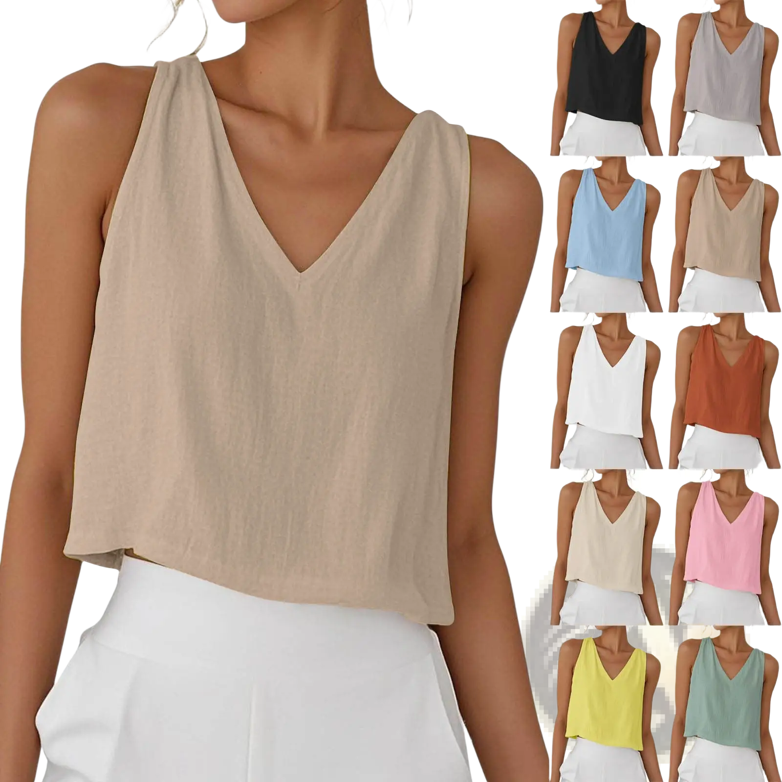Beige v-neck sleeveless crop top made of lightweight cotton linen fabric ideal for casual summer wear