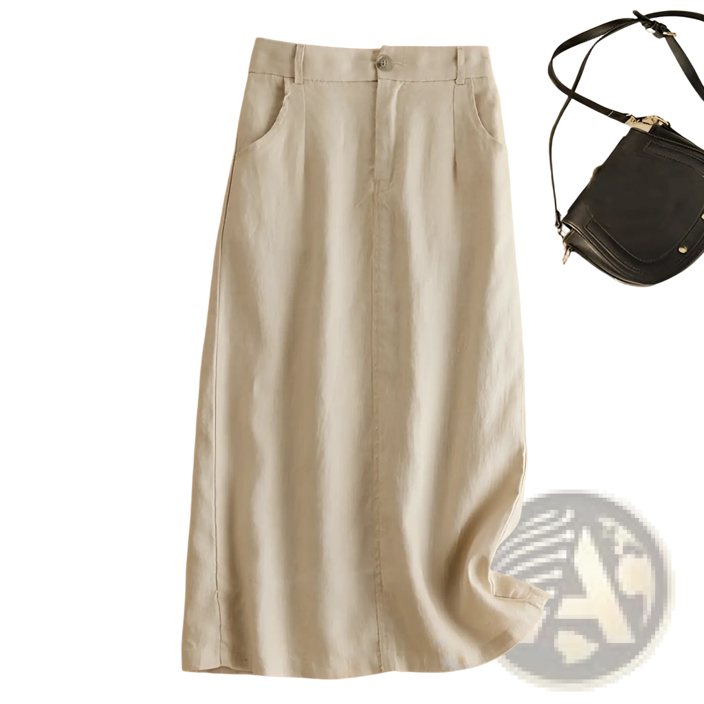 A light beige cotton linen vintage midi skirt with subtle vertical pleats high waist and side pockets made of soft fabric