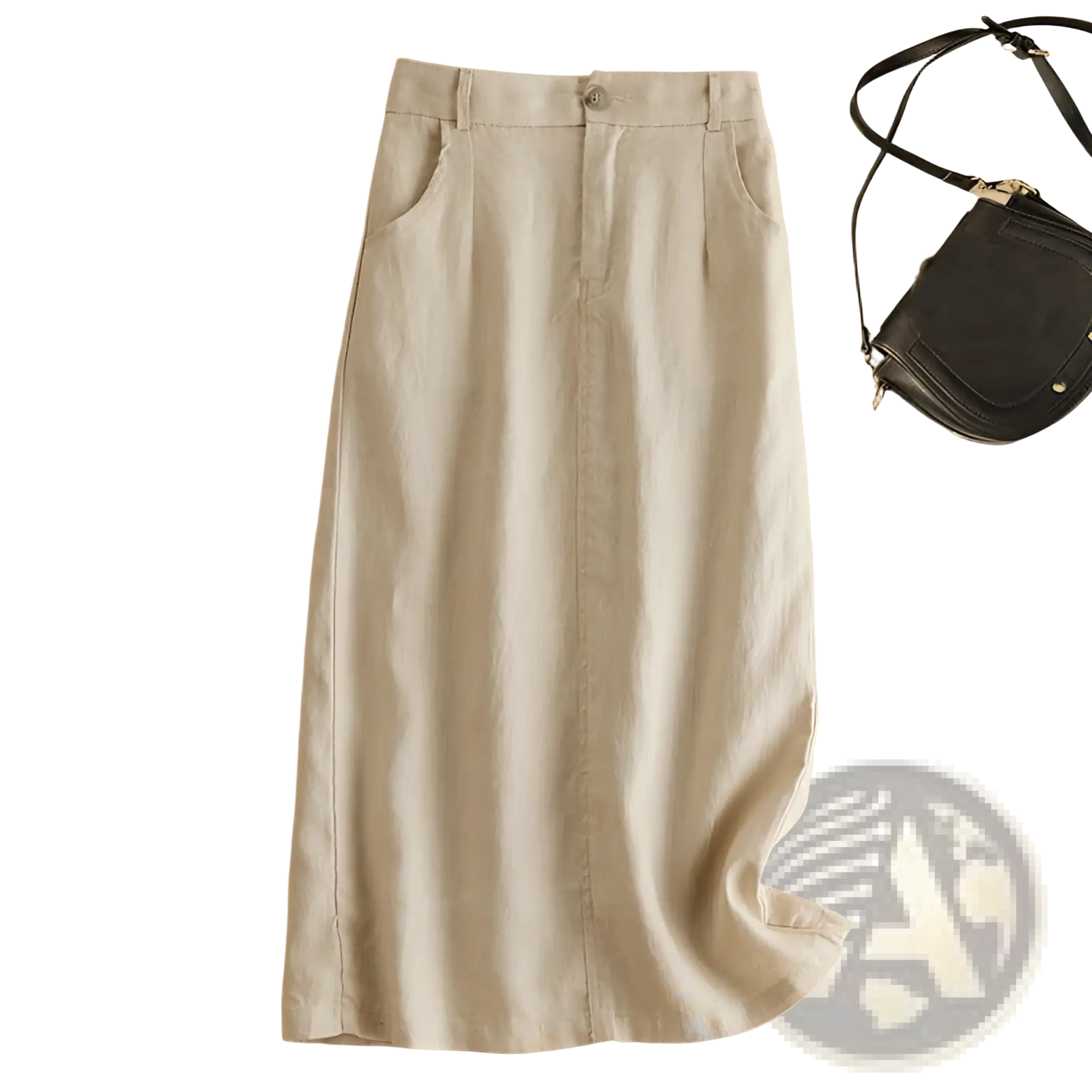 A light beige cotton linen vintage midi skirt with subtle vertical pleats high waist and side pockets made of soft fabric