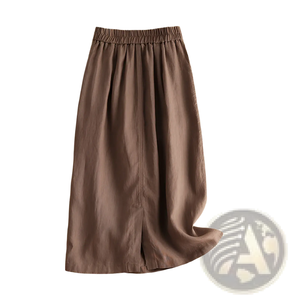 A soft earthy brown cotton linen vintage midi skirt with elastic waistband and relaxed flowing silhouette