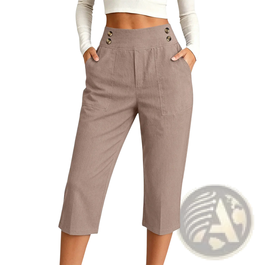 Beige cotton linen wide leg capri trousers with high waist button details and functional side pockets