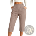 Beige cotton linen wide leg capri trousers with high waist button details and functional side pockets