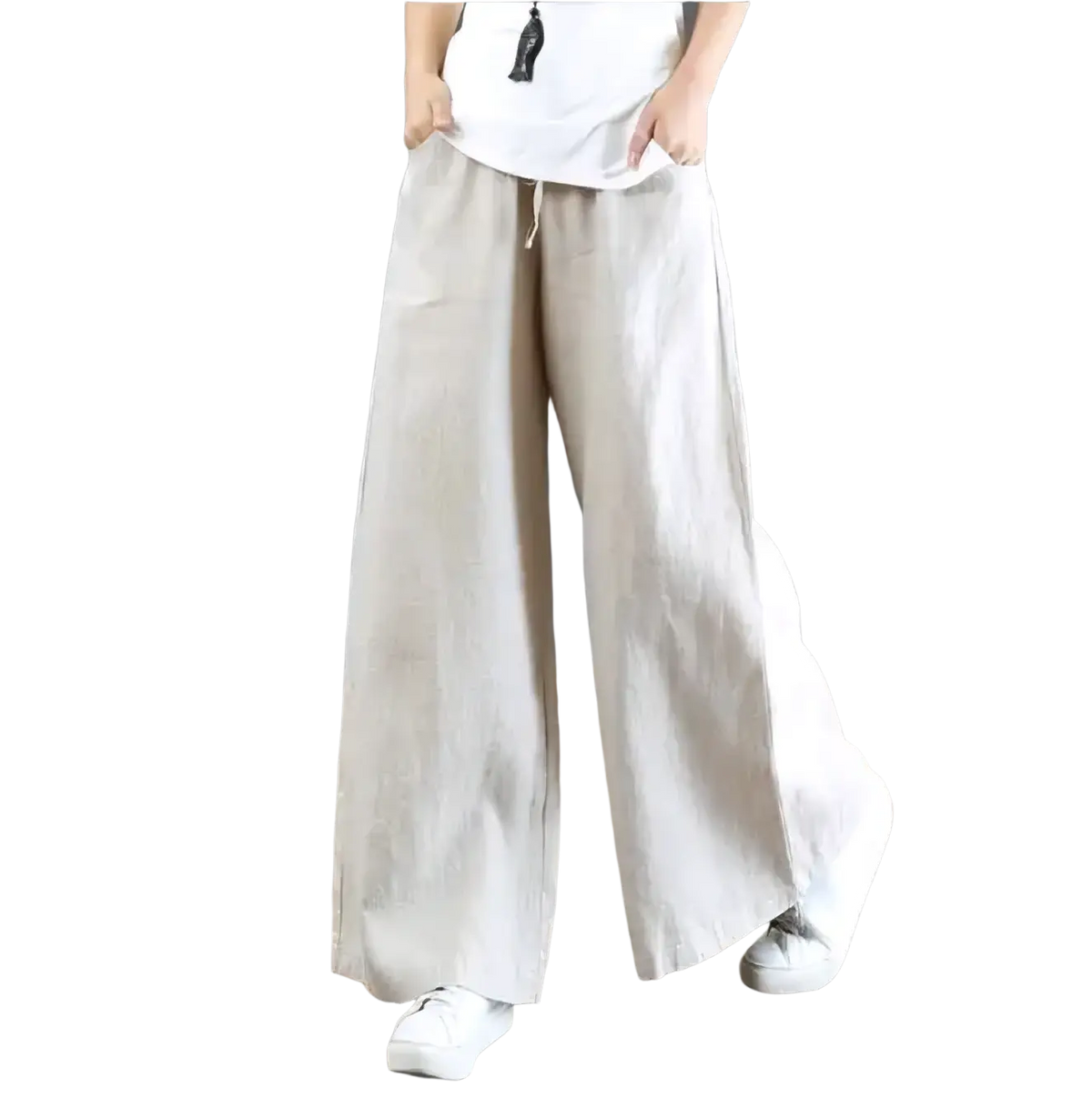 Beige cotton linen wide leg pants with elastic waist and drawstring for comfortable casual wear