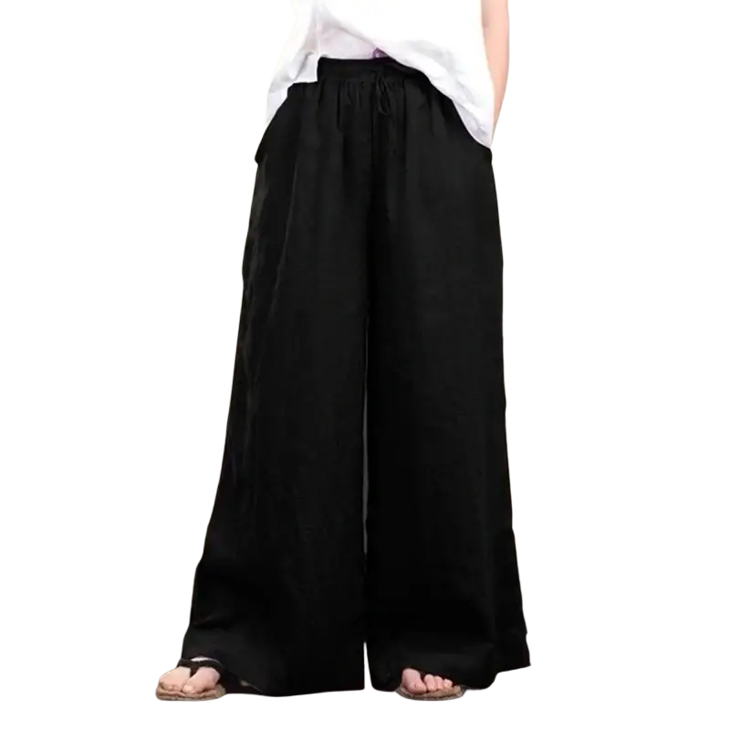 Black cotton linen wide leg pants with elastic waist and drawstring waistband for comfortable wear