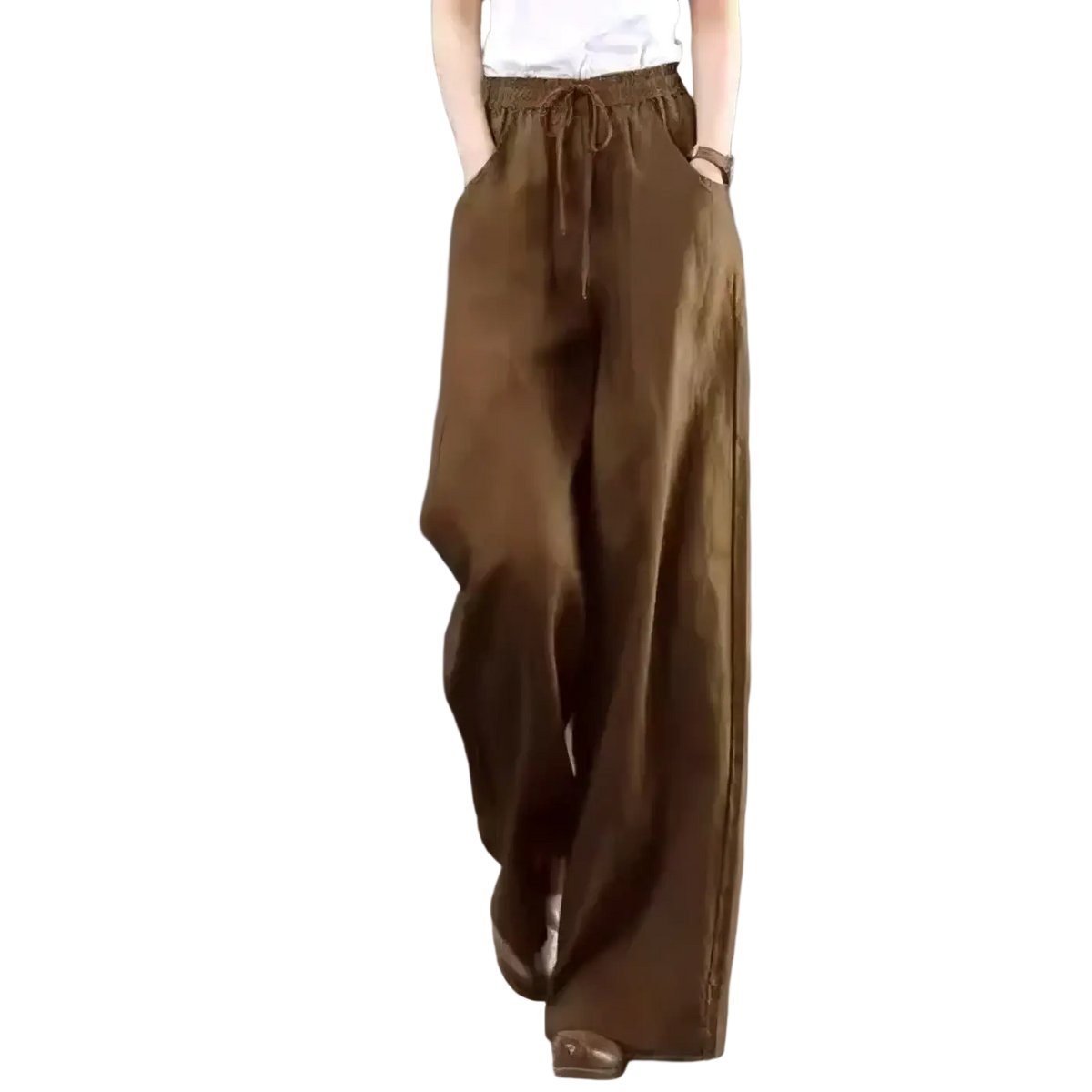 Brown cotton linen wide leg pants with elastic waist and drawstring waistband for comfortable wear