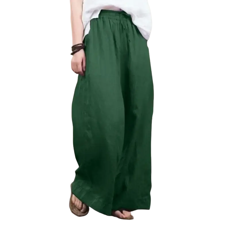Deep green cotton linen wide leg pants with elastic waist and drawstring for comfortable loose fit