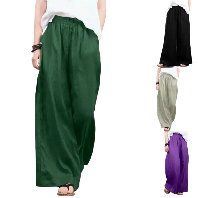 Deep green cotton linen wide leg pants with elastic waist and drawstring for a comfortable loose fit
