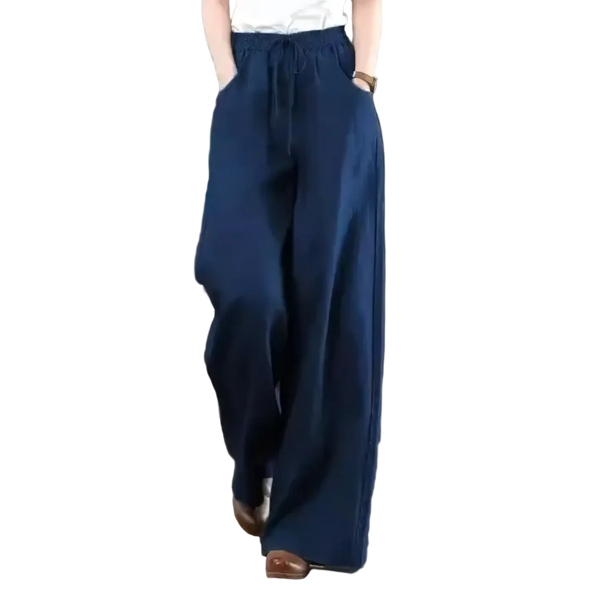 Deep navy blue cotton linen wide leg pants with elastic waist and drawstring for comfortable wear