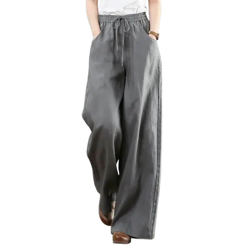Gray cotton linen wide leg pants with elastic waist and drawstring for comfortable casual wear