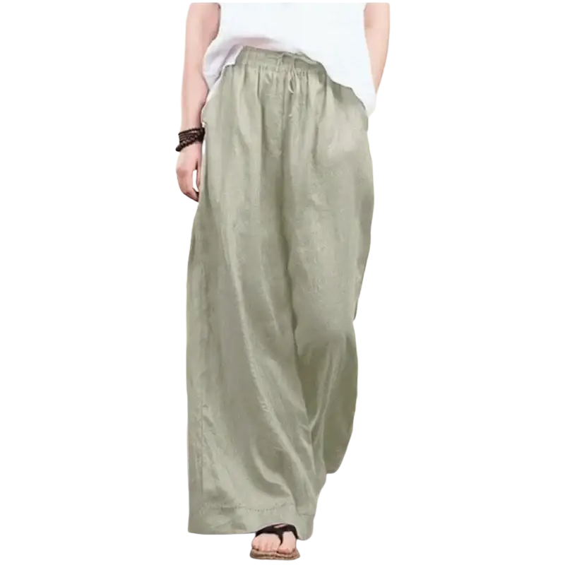 Light green cotton linen wide leg pants with elastic waist and loose fit for comfortable wear