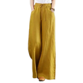 Mustard-yellow cotton linen wide leg pants with elastic waist and drawstring for comfortable casual wear