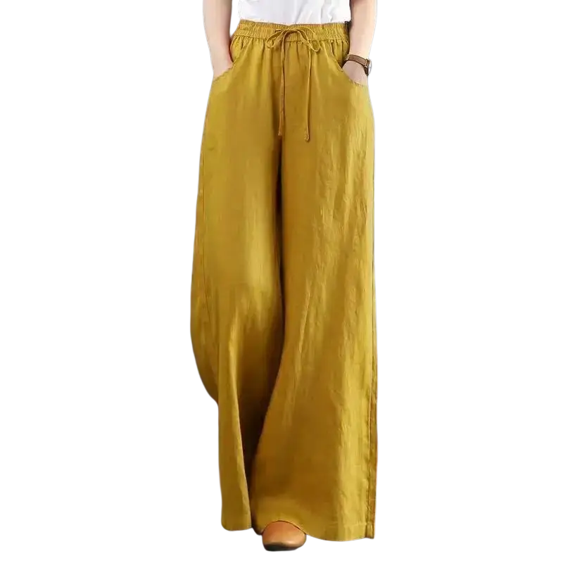 Mustard-yellow cotton linen wide leg pants with elastic waist and drawstring for comfortable casual wear