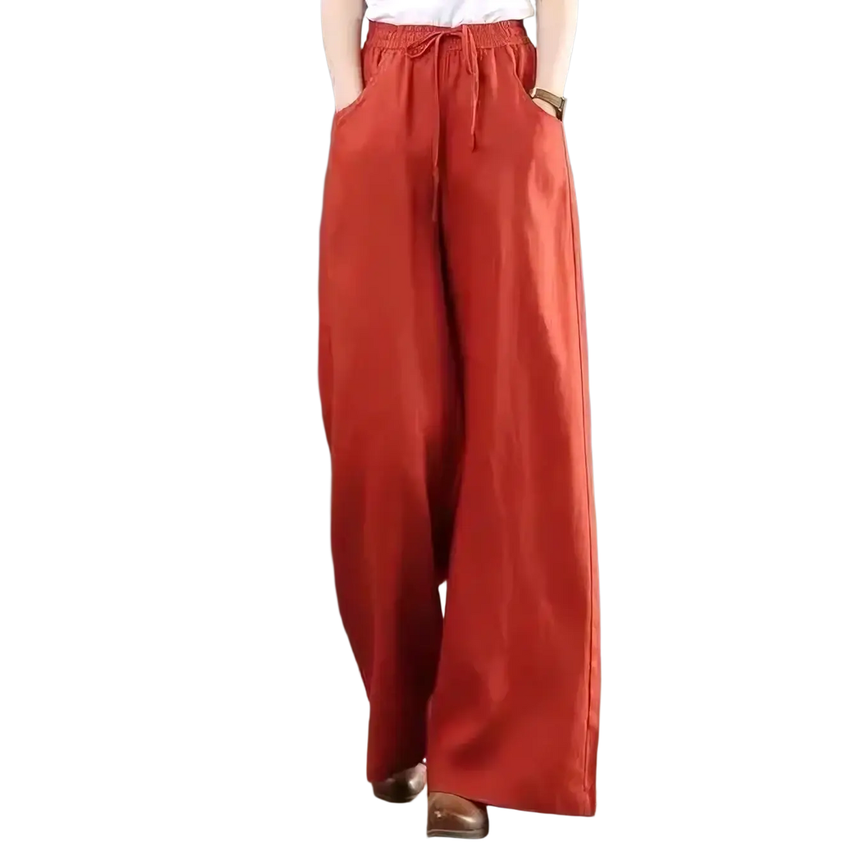 Cotton linen wide leg pants in red with elastic waist and drawstring for comfortable casual wear