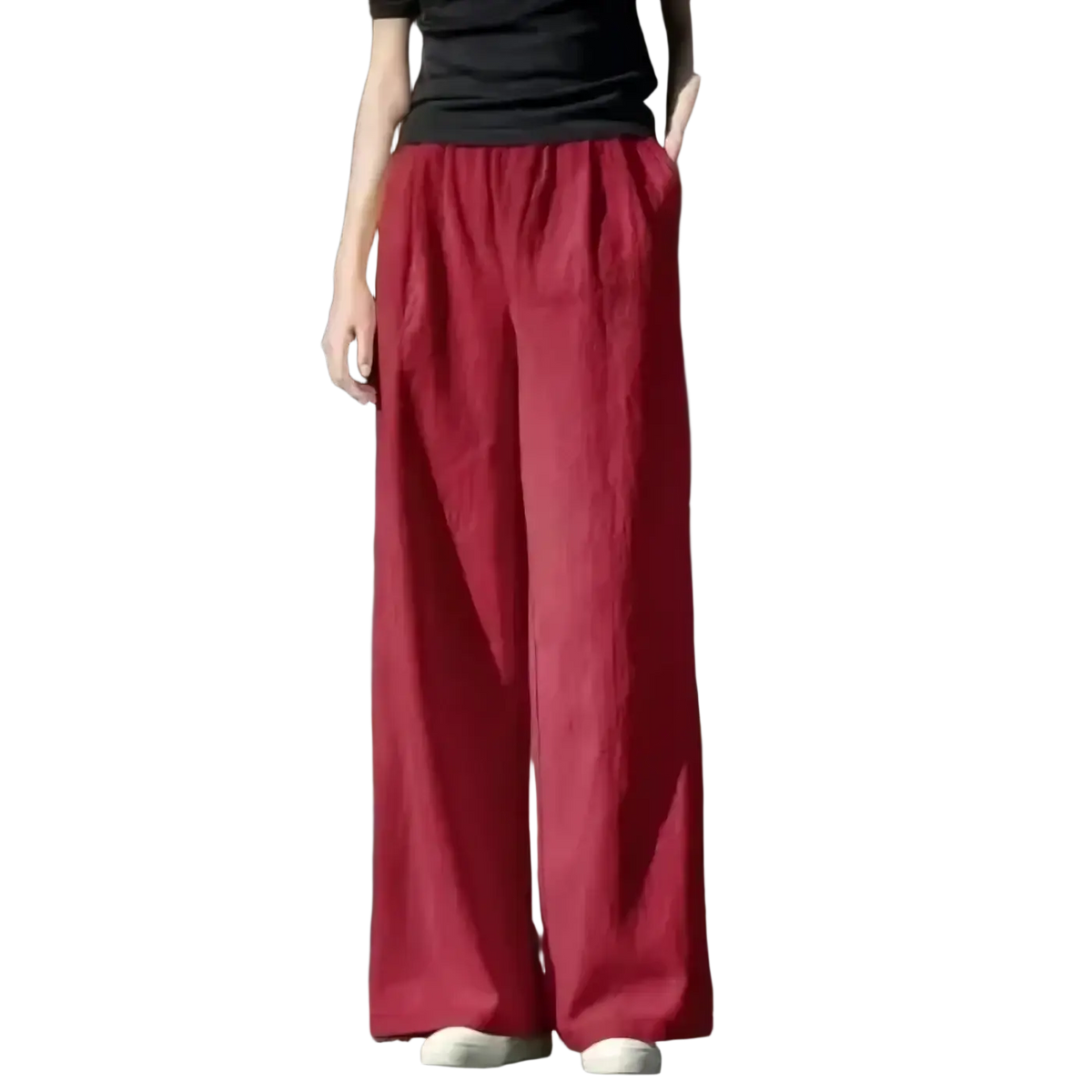 Red cotton linen wide leg pants with elastic waist designed for comfort and style
