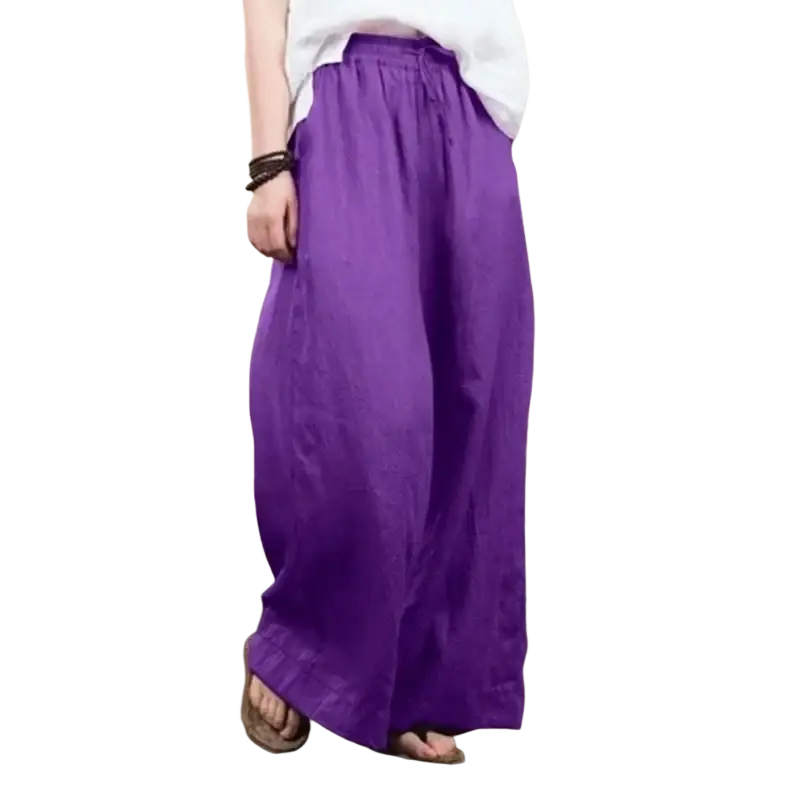 Vibrant purple cotton linen wide leg pants with elastic waist and drawstring waistband for comfortable wear