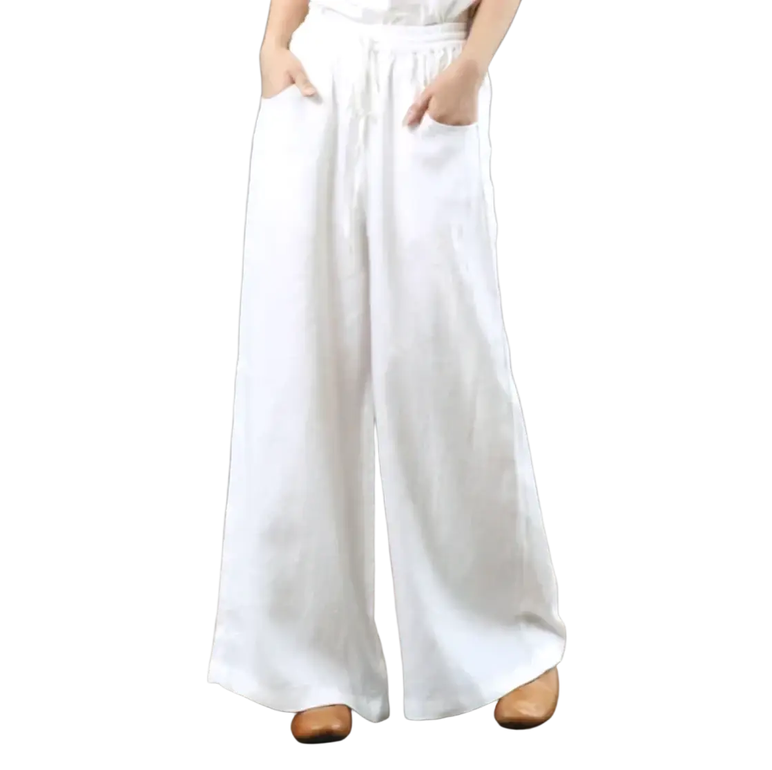 White cotton linen wide leg pants with elastic waist relaxed fit and front pockets for casual wear