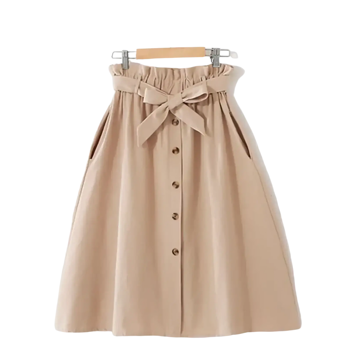 Beige cotton midi skirt with high waist gathered waistband front button closure and fabric bow for casual wear