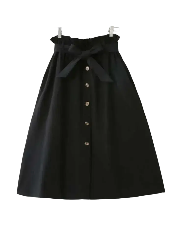 Black cotton midi skirt high waist a-line with matching fabric bow and five metallic buttons down the front