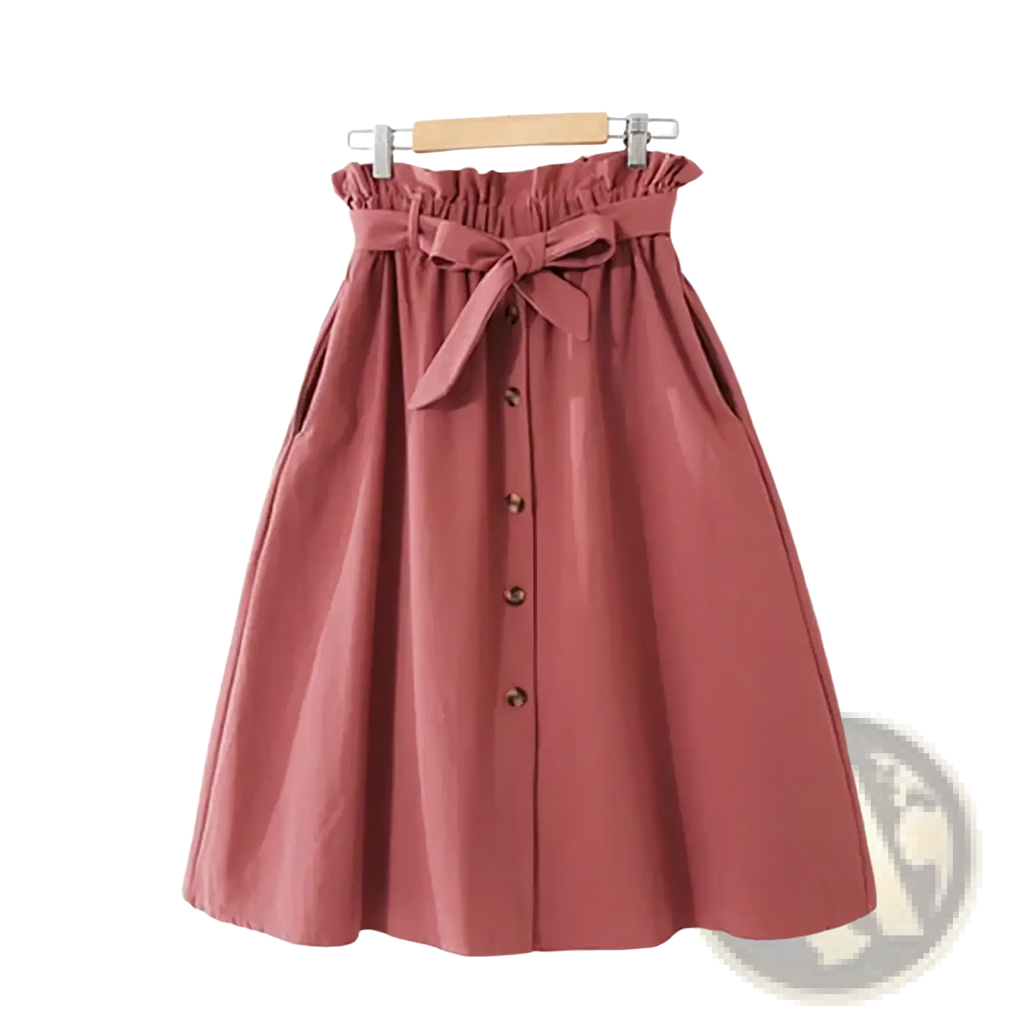 Cotton midi skirt dusty rose color high waist A-line casual dress with gathered waistband and fabric bow tie